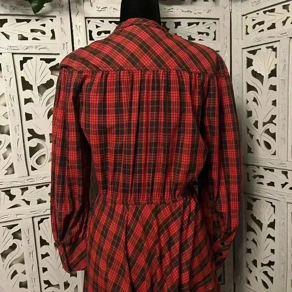 VINTAGE LESLIE FAY EXTRAORDINARY RED PLAID FIT FLARE LONG SLEEVE MIDI DRESS L